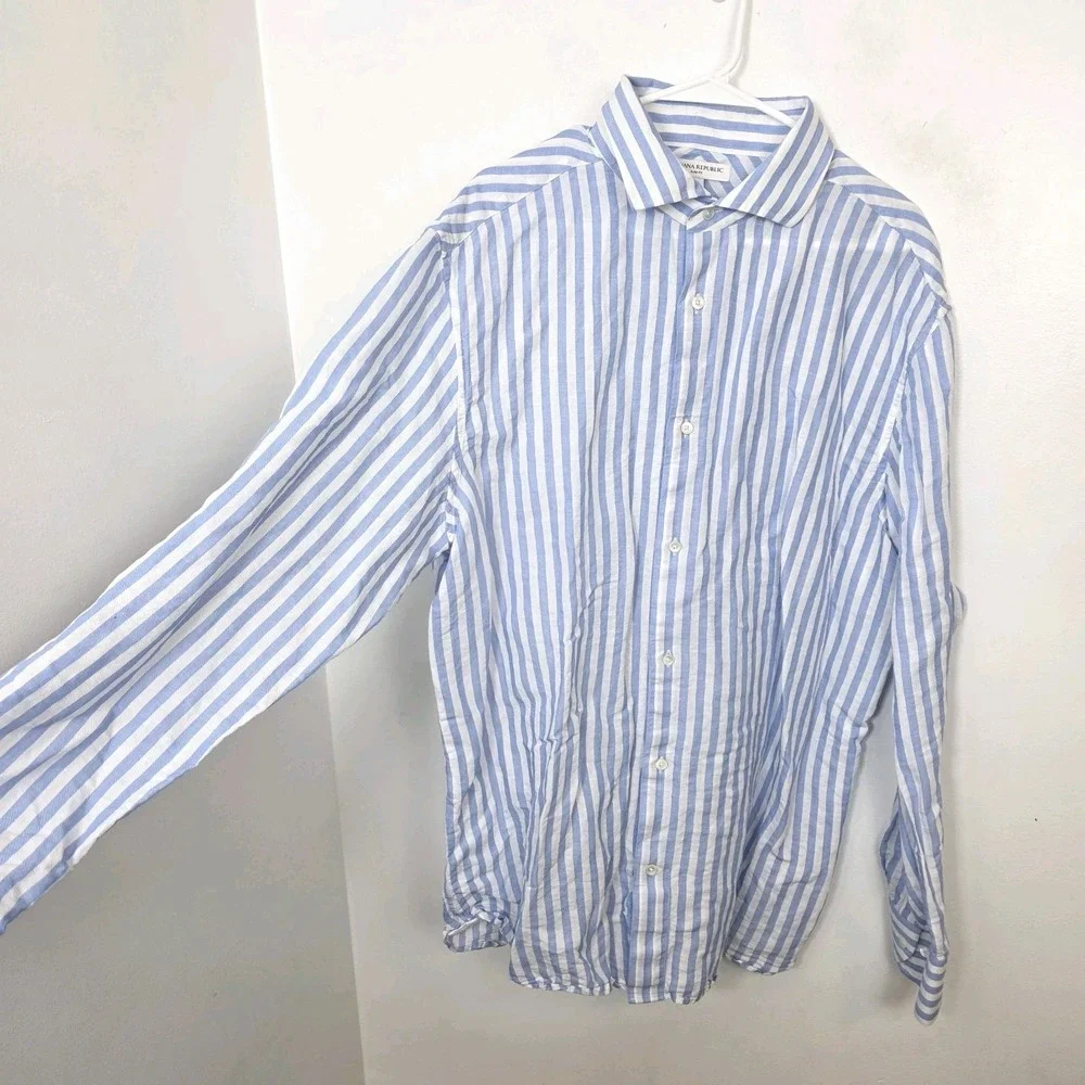Banana Republic Blue White Striped Linen Blend Button Up Slim Fit Shirt 2XL Tall